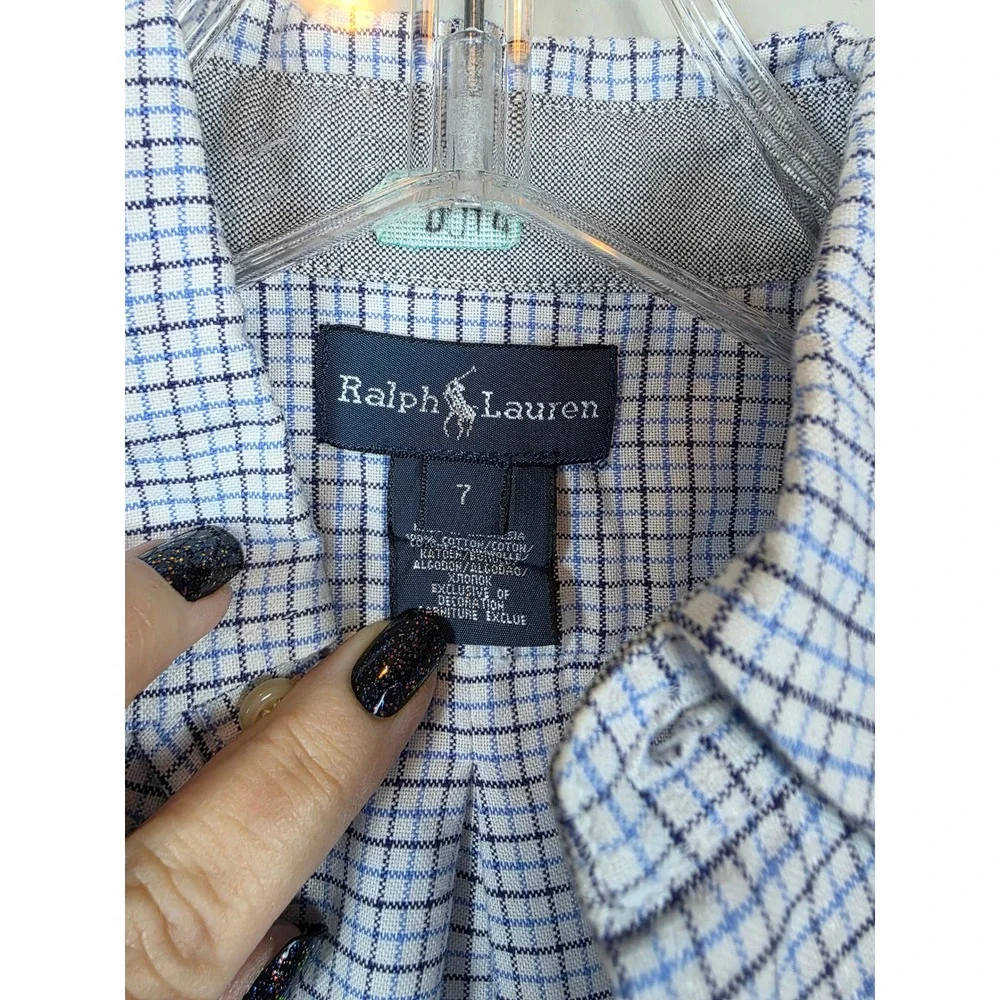 Ralph Lauren Kids Plaid Button Down Long Sleeve Shirt Size‎ 7 Blue White Preppy